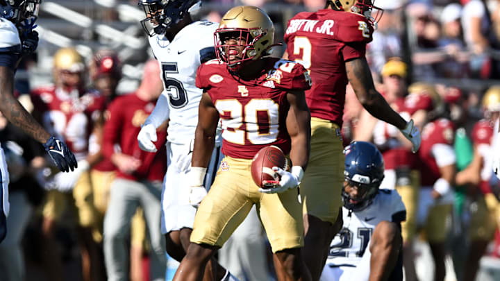 Oct 28, 2023; Chestnut Hill, Massachusetts, USA; Boston College Eagles running back Alex Broome (20) reacts after a first down against the Connecticut Huskies during the first half at Alumni Stadium. Mandatory Credit: Brian Fluharty-Imagn Images