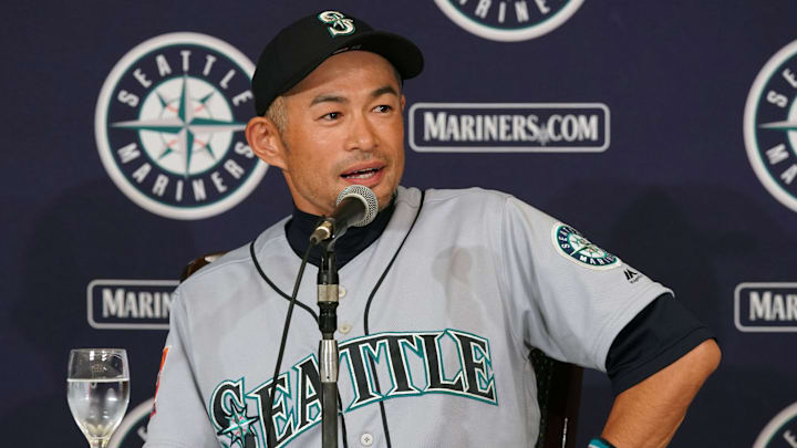 Seattle Mariners right fielder Ichiro Suzuki speaks after a game against the Oakland Athletics on March 21, 2019, at Tokyo Dome.