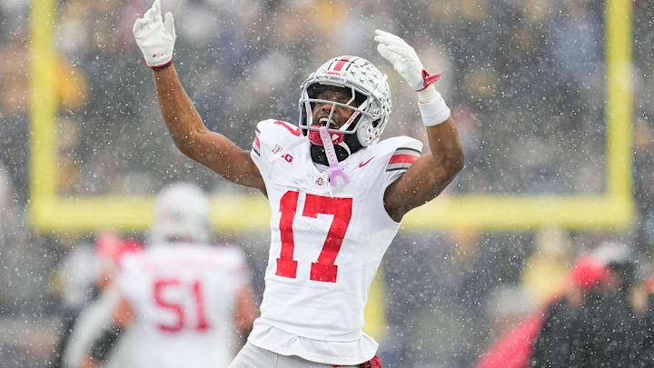 Ohio State Buckeyes wide receiver Carnell Tate (17) celebrates during the NCAA football game against the Michigan Wolverines at Michigan Stadium in Ann Arbor, Mich. on Nov. 29, 2025. Ohio State won 27-9.