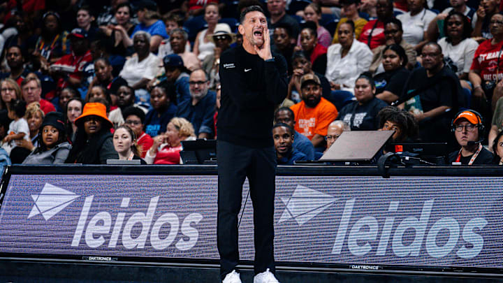 Jul 27, 2025; Washington, District of Columbia, USA; Phoenix Mercury head coach Nate Tibbetts instructs his team in the first half against the Washington Mystics at CareFirst Arena. Mandatory Credit: Emily Faith Morgan-Imagn Images