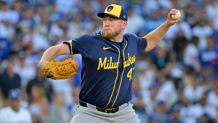 Oct 16, 2025; Los Angeles, California, USA; Milwaukee Brewers pitcher Jared Koenig (47) pitches in the eighth inning against the Los Angeles Dodgers during game three of the NLCS round for the 2025 MLB playoffs at Dodger Stadium. Mandatory Credit: Jayne Kamin-Oncea-Imagn Images