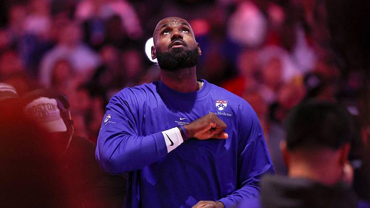General view as Philadelphia 76ers forward LeBron James stands for the anthem before a game against the Cleveland Cavaliers at Xfinity Mobile Arena on Oct. 22, 2026.