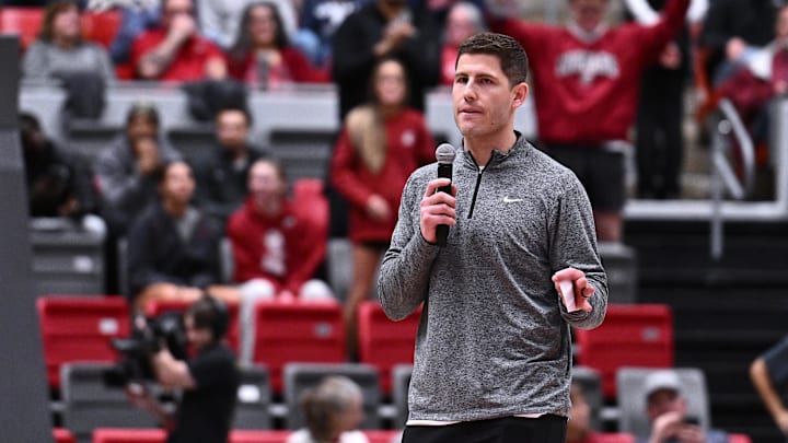 Jan 15, 2026; Pullman, Washington, USA; Washington State Cougars head football coach Kirby Moore speaks during a basketball game against the Gonzaga Bulldogs in the first half at Friel Court at Beasley Coliseum. Mandatory Credit: James Snook-Imagn Images