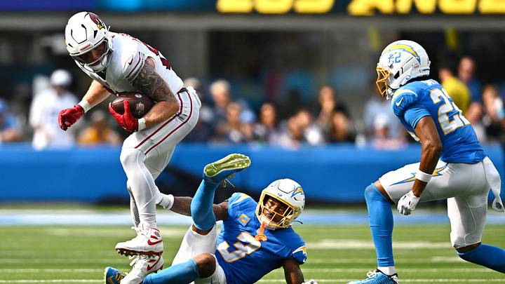 Sep 13, 2026; Inglewood, California, USA; Arizona Cardinals tight end Trey McBride (85) avoids a tackle from Los Angeles Chargers safety Derwin James Jr. (3) and is pursued by safety Genesis Smith (22) during the second half at SoFi Stadium. Mandatory Credit: William Liang-Imagn Images Sep 13, 2026; Inglewood, California, USA; Arizona Cardinals tight end Trey McBride (85) avoids a tackle from Los Angeles Chargers safety Derwin James Jr. (3) and is pursued by safety Genesis Smith (22) during the second half at SoFi Stadium. Mandatory Credit: William Liang-Imagn Images