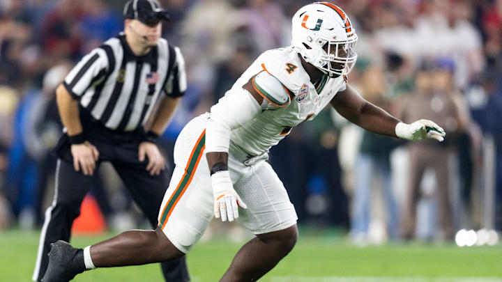 Jan 8, 2026; Glendale, AZ, USA; Miami Hurricanes defensive lineman Rueben Bain Jr. (4) against the Mississippi Rebels during the 2026 Fiesta Bowl and semifinal game of the College Football Playoff at State Farm Stadium. Mandatory Credit: Mark J. Rebilas-Imagn Images