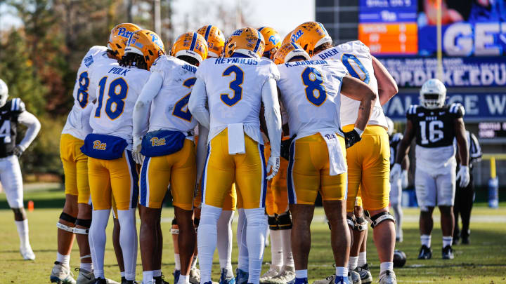 Nov 25, 2023; Durham, North Carolina, USA; Pittsburgh Panthers huddle during the second half of the game against Duke Blue Devils at Wallace Wade Stadium. Mandatory Credit: Jaylynn Nash-USA TODAY Sports