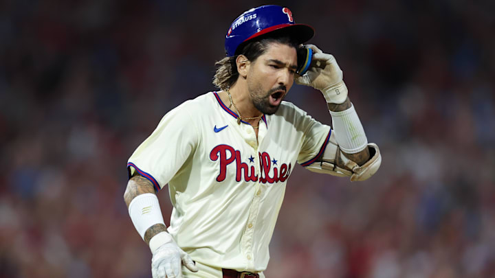 Oct 6, 2024; Philadelphia, Pennsylvania, USA; Philadelphia Phillies outfielder Nick Castellanos (8) reacts after hitting a walk off game winning RBI single during the ninth inning against the New York Mets in game two of the NLDS for the 2024 MLB Playoffs at Citizens Bank Park. Oct 6, 2024; Philadelphia, Pennsylvania, USA; Philadelphia Phillies outfielder Nick Castellanos (8) reacts after hitting a walk off game winning RBI single during the ninth inning against the New York Mets in game two of the NLDS for the 2024 MLB Playoffs at Citizens Bank Park.