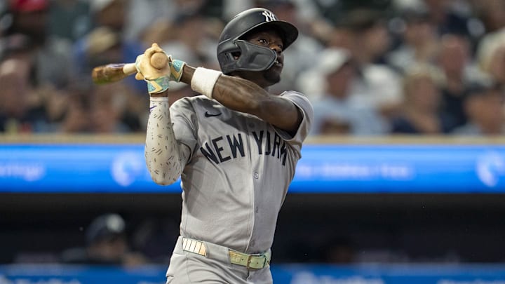Sep 16, 2025; Minneapolis, Minnesota, USA; New York Yankees second baseman Jazz Chisholm Jr. (13) hits single against the Minnesota Twins in the sixth inning at Target Field. Mandatory Credit: Jesse Johnson-Imagn Images