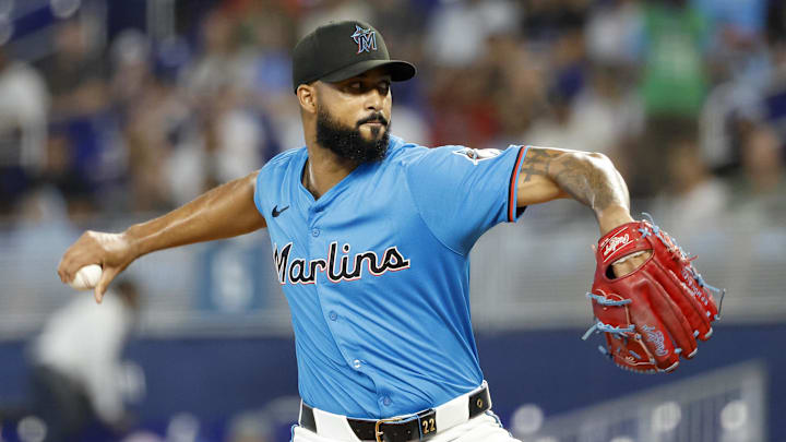 Jun 22, 2025; Miami, Florida, USA;  Miami Marlins starting pitcher Sandy Alcantara (22) pitches against the Atlanta Braves during the first inning at loanDepot Park. 