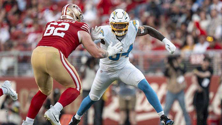 August 23, 2025; Santa Clara, California, USA; Los Angeles Chargers linebacker Kyle Kennard (54) rushes against San Francisco 49ers offensive tackle Austen Pleasants (62) during the second quarter at Levi's Stadium. Mandatory Credit: Kyle Terada-Imagn Images August 23, 2025; Santa Clara, California, USA; Los Angeles Chargers linebacker Kyle Kennard (54) rushes against San Francisco 49ers offensive tackle Austen Pleasants (62) during the second quarter at Levi's Stadium. Mandatory Credit: Kyle Terada-Imagn Images
