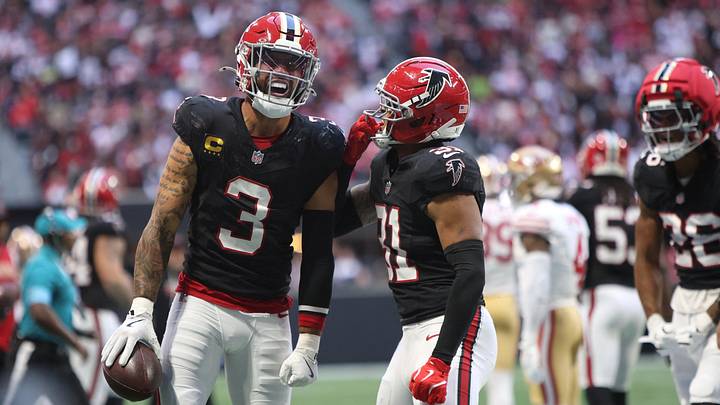 Oct 25, 2026; Atlanta, Georgia, USA;  Atlanta Falcons safety Jessie Bates III (3) reacts after an interception with safety Xavier Watts (31) against the San Francisco 49ers during the fourth quarter at Mercedes-Benz Stadium.  Mandatory Credit: Brett Davis-Imagn Images