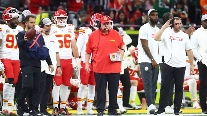 Feb 9, 2025; New Orleans, LA, USA; Kansas City Chiefs head coach Andy Reid on the sideline against the Philadelphia Eagles in the first quarter in Super Bowl LIX at Ceasars Superdome. Mandatory Credit: Mark J. Rebilas-Imagn Images Feb 9, 2025; New Orleans, LA, USA; Kansas City Chiefs head coach Andy Reid on the sideline against the Philadelphia Eagles in the first quarter in Super Bowl LIX at Ceasars Superdome. Mandatory Credit: Mark J. Rebilas-Imagn Images