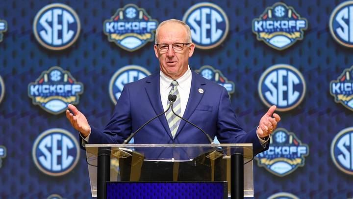 Jul 16, 2025; Atlanta, GA, USA; SEC commissioner Greg Sankey speaks to the media during the SEC Media Day at Omni Atlanta Hotel. Mandatory Credit: Jordan Godfree-Imagn Images