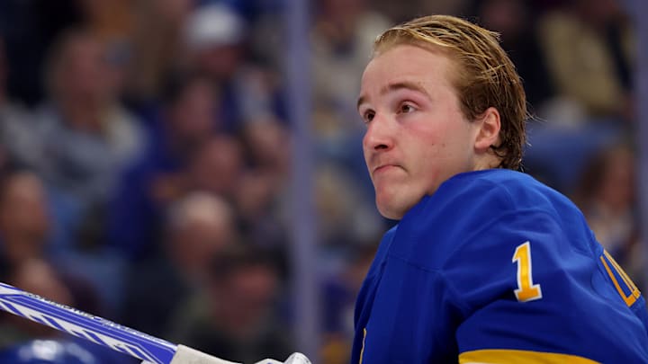 Dec 1, 2025; Buffalo, New York, USA; Buffalo Sabres goaltender Ukko-Pekka Luukkonen (1) before a game against the Winnipeg Jets at KeyBank Center. Mandatory Credit: Timothy T. Ludwig-Imagn Images Dec 1, 2025; Buffalo, New York, USA; Buffalo Sabres goaltender Ukko-Pekka Luukkonen (1) before a game against the Winnipeg Jets at KeyBank Center. Mandatory Credit: Timothy T. Ludwig-Imagn Images