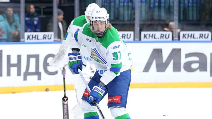 Alexander Zharovsky (97) of Salavat Yulaev Hockey Club seen Alexander Zharovsky (97) of Salavat Yulaev Hockey Club seen