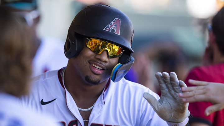 Oct 22, 2022; Phoenix, Arizona, USA; Arizona Diamondbacks first baseman Deyvison De Los Santos plays