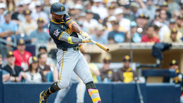 Jun 1, 2025; San Diego, California, USA; Pittsburgh Pirates designated hitter Andrew McCutchen (22) hits a two run home run during the third inning against the San Diego Padres at Petco Park. Mandatory Credit: David Frerker-Imagn Images Jun 1, 2025; San Diego, California, USA; Pittsburgh Pirates designated hitter Andrew McCutchen (22) hits a two run home run during the third inning against the San Diego Padres at Petco Park. Mandatory Credit: David Frerker-Imagn Images