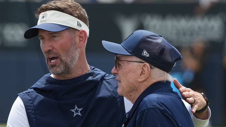 Dallas Cowboys coach Brian Schottenheimer (left) and owner Jerry Jones at training camp at River Ridge Playing Fields. Mandatory Credit: Kirby Lee-Imagn Images Dallas Cowboys coach Brian Schottenheimer (left) and owner Jerry Jones at training camp at River Ridge Playing Fields. Mandatory Credit: Kirby Lee-Imagn Images