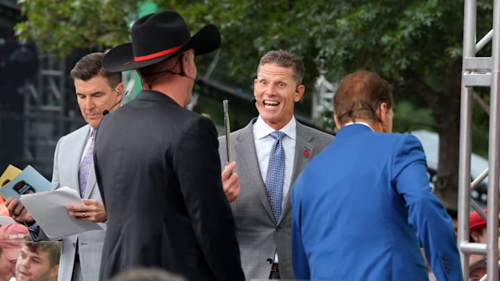 Sooner Head Football Coach Brent Venables appears for ESPN College GameDay ahead of the University of Oklahoma-Michigan College football game on Sep 6, 2025 in Norman.