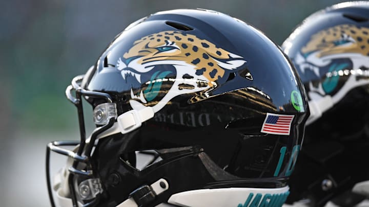 Nov 3, 2024; Philadelphia, Pennsylvania, USA; Jacksonville Jaguars helmets on the sidelines against the Philadelphia Eagles at Lincoln Financial Field. Mandatory Credit: Eric Hartline-Imagn Images