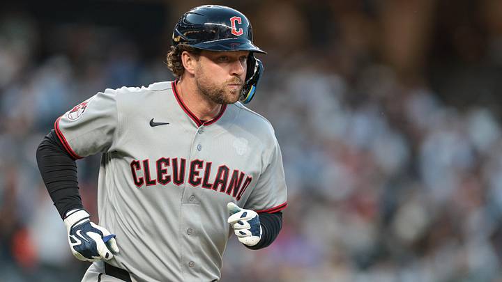Jun 3, 2026: Cleveland Guardians first baseman Rhys Hoskins (8) runs the bases after hitting a two run home run during the third inning against the New York Yankees at Yankee Stadium. 