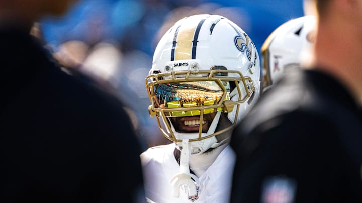 Nov 9, 2025; Charlotte, North Carolina, USA; New Orleans Saints wide receiver Chris Olave (12) on the field before the game at Bank of America Stadium. Mandatory Credit: Bob Donnan-Imagn Images Nov 9, 2025; Charlotte, North Carolina, USA; New Orleans Saints wide receiver Chris Olave (12) on the field before the game at Bank of America Stadium. Mandatory Credit: Bob Donnan-Imagn Images