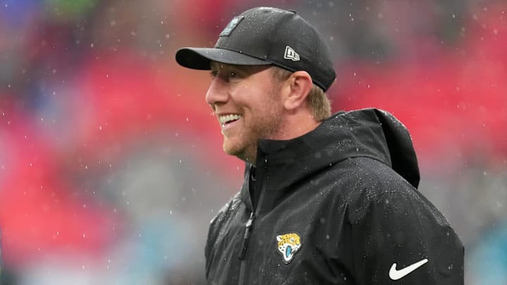 Oct 19, 2025; London, United Kingdom; Jacksonville Jaguars head coach Liam Coen looks on during warmups before a NFL International Series game between the Los Angeles Rams and the Jacksonville Jaguars at Wembley Stadium. Mandatory Credit: Kirby Lee-Imagn Images