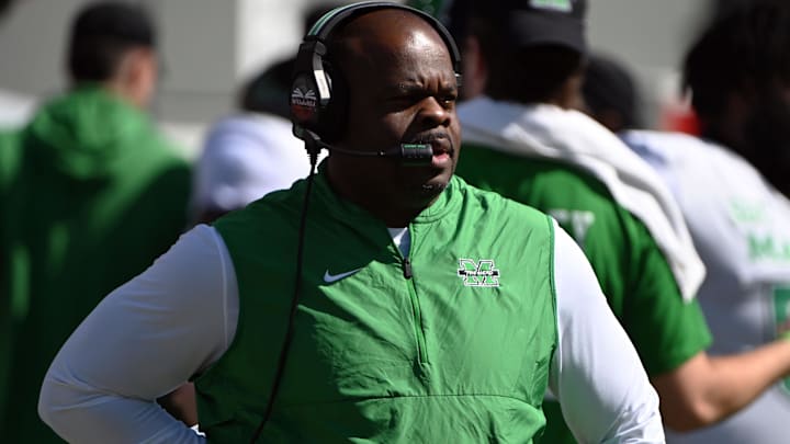 Oct 7, 2023; Raleigh, North Carolina, USA; Marshall Thundering Herd head coach Charles Huff looks on during the first half against the North Carolina State Wolfpack at Carter-Finley Stadium. Mandatory Credit: Rob Kinnan-Imagn Images Oct 7, 2023; Raleigh, North Carolina, USA; Marshall Thundering Herd head coach Charles Huff looks on during the first half against the North Carolina State Wolfpack at Carter-Finley Stadium. Mandatory Credit: Rob Kinnan-Imagn Images