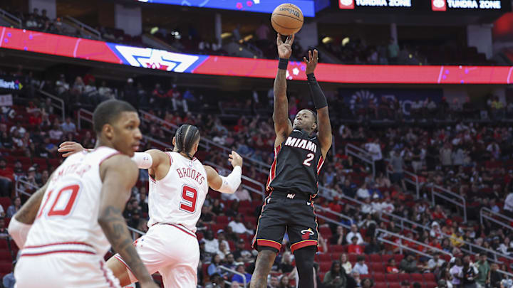 Apr 5, 2024; Houston, Texas, USA; Miami Heat guard Terry Rozier (2) shoots the ball during the third quarter against the Houston Rockets at Toyota Center. Mandatory Credit: Troy Taormina-Imagn Images