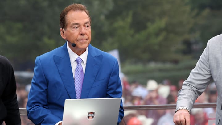 Former Alabama coach Nick Saban is on stage at ESPN College GameDay ahead of the University of Oklahoma-Michigan College football game on Sep 6, 2025 in Norman.