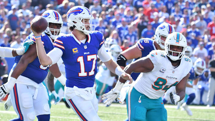 Oct 1, 2023; Orchard Park, New York, USA; Buffalo Bills quarterback Josh Allen (17) throws a pass as