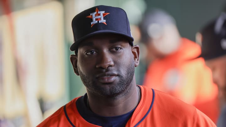 Jun 14, 2024; Houston, Texas, USA;  Houston Astros left fielder Yordan Alvarez (44) walks around the dugout before playing against the Detroit Tigers at Minute Maid Park. Mandatory Credit: Thomas Shea-USA TODAY Sports
