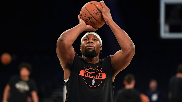 Nov 3, 2025; New York, New York, USA; New York Knicks forward Guerschon Yabusele (28) warms up before the game against the Washington Wizards at Madison Square Garden.