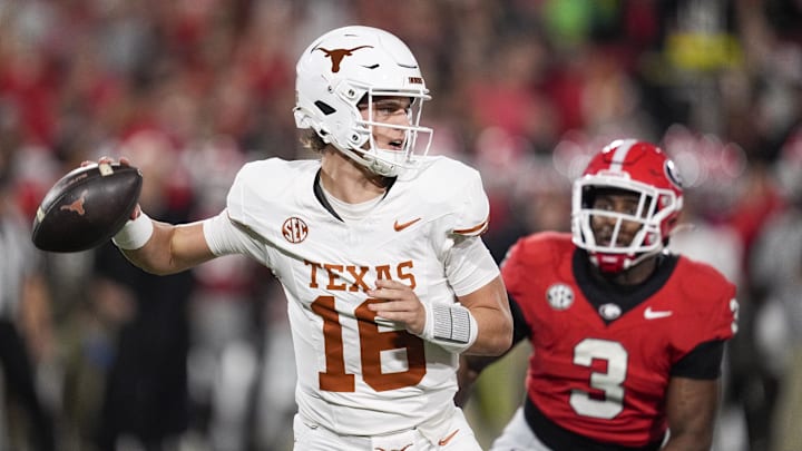 Nov 15, 2025; Athens, Georgia, USA; Texas Longhorns quarterback Arch Manning (16) looks to make a pass during the first half against the Georgia Bulldogs at Sanford Stadium. Mandatory Credit: Dale Zanine-Imagn Images