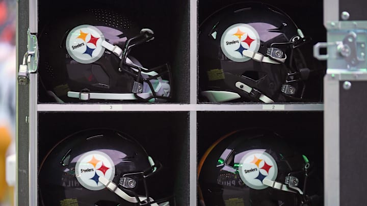 Dec 15, 2024; Philadelphia, Pennsylvania, USA; Pittsburgh Steelers helmet on the sidelines against the Philadelphia Eagles at Lincoln Financial Field. Mandatory Credit: Eric Hartline-Imagn Images
