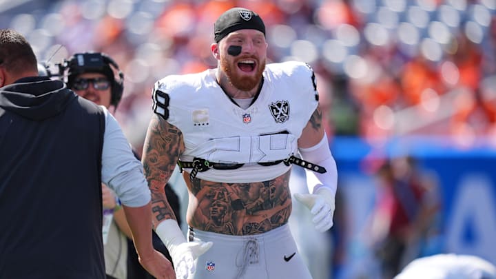 Oct 6, 2024; Denver, Colorado, USA; Las Vegas Raiders defensive end Maxx Crosby (98) before the game against the Denver Broncos at Empower Field at Mile High. Mandatory Credit: Ron Chenoy-Imagn Images