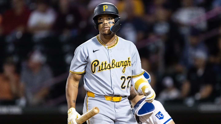 Nov 9, 2025; Mesa, AZ, USA; Pittsburgh Pirates outfielder Esmerlyn Valdez during the Arizona Fall League Fall Stars Game at Sloan Park. Mandatory Credit: Mark J. Rebilas-Imagn Images
