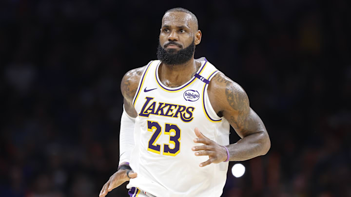 Apr 6, 2025; Oklahoma City, Oklahoma, USA; Los Angeles Lakers forward LeBron James (23) reacts after scoring against the Oklahoma City Thunder during the second half at Paycom Center. Mandatory Credit: Alonzo Adams-Imagn Images