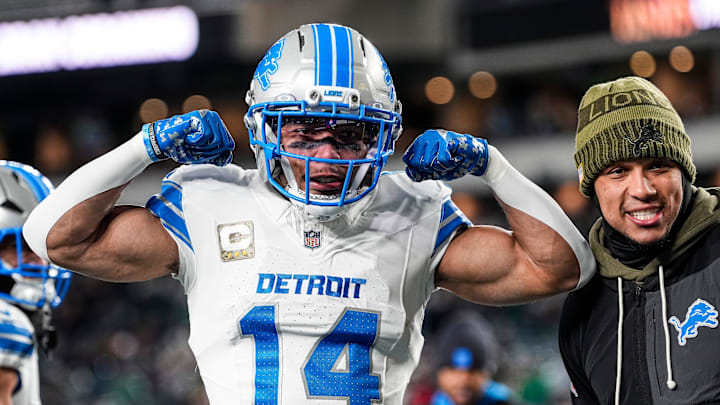 Detroit Lions wide receiver Amon-Ra St. Brown (14) poses for a photo at warmup ahead of the Philadelphia Eagles game at Lincoln Financial Field in Philadelphia on Sunday, November 16, 2025.