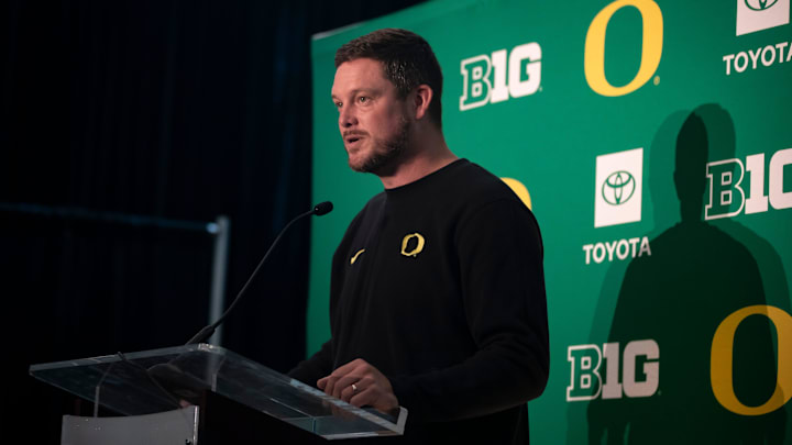 Oregon head coach Dan Lanning speaks during Oregon football’s media day Monday, July 29, 2024 at Autzen Stadium in Eugene, Ore.