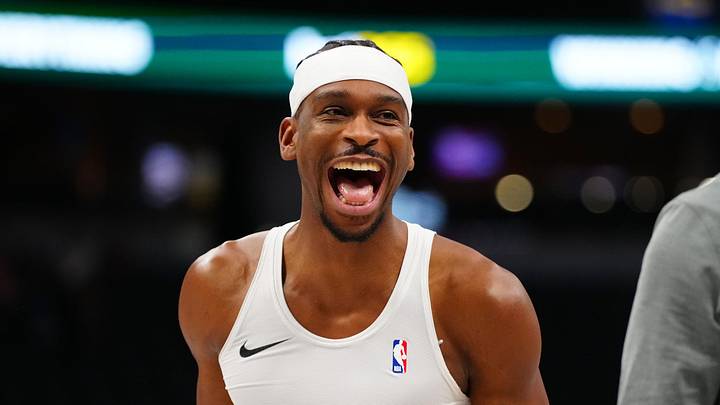 Apr 10, 2026; Denver, Colorado, USA; Oklahoma City Thunder guard Shai Gilgeous-Alexander (2) reacts before the game against the Denver Nuggets at Ball Arena. Mandatory Credit: Ron Chenoy-Imagn Images