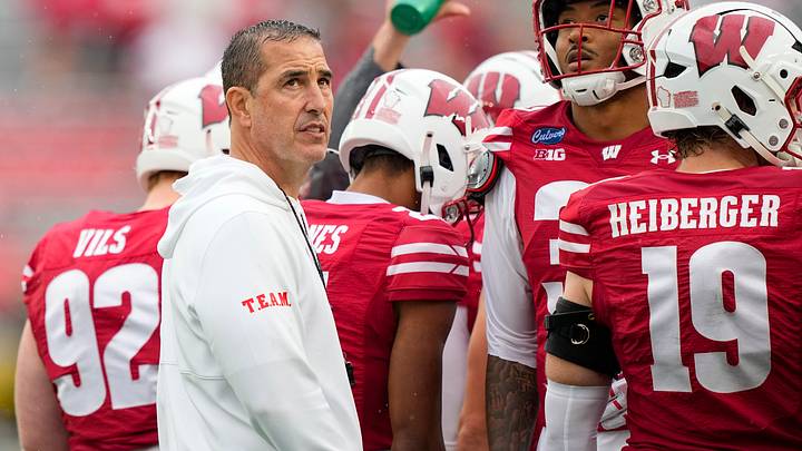 Sep 19, 2026; Madison, Wisconsin, USA;  Wisconsin Badgers head coach Luke Fickell looks on during the fourth quarter against the Eastern Michigan Eagles at Camp Randall Stadium. Mandatory Credit: Jeff Hanisch-Imagn Images