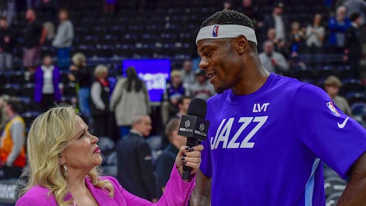 Mar 19, 2025; Salt Lake City, Utah, USA; Utah Jazz forward/center Oscar Tshiebwe (34) is interviewed after the game against the Washington Wizards at the Delta Center. Mandatory Credit: Peter Creveling-Imagn Images Mar 19, 2025; Salt Lake City, Utah, USA; Utah Jazz forward/center Oscar Tshiebwe (34) is interviewed after the game against the Washington Wizards at the Delta Center. Mandatory Credit: Peter Creveling-Imagn Images