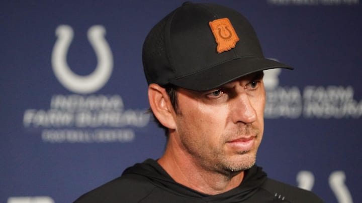 Indianapolis Colts head coach Shane Steichen talks to press Tuesday, June 10, 2025, during NFL Colts mandatory mini camp at the Indiana Farm Bureau Football Center in Indianapolis.