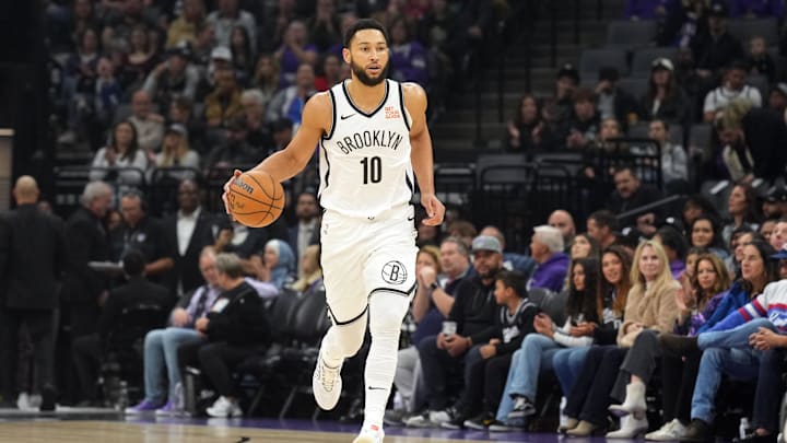 Nov 24, 2024; Sacramento, California, USA; Brooklyn Nets guard Ben Simmons (10) dribbles against the Sacramento Kings during the first quarter at Golden 1 Center. Mandatory Credit: Darren Yamashita-Imagn Images