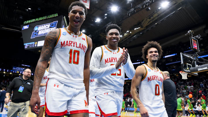 Mar 23, 2025; Seattle, WA, USA; Maryland Terrapins forward Julian Reese (10), center Derik Queen (25), and guard Ja'Kobi Gillespie (0) walk off the court after defeating the Colorado State Rams at Climate Pledge Arena. Mandatory Credit: Steven Bisig-Imagn Images