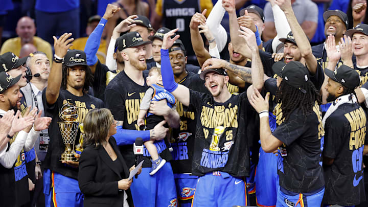 Jun 22, 2025; Oklahoma City, Oklahoma, USA; Oklahoma City Thunder guard Alex Caruso (9) celebrates after winning game seven of the 2025 NBA Finals against the Indiana Pacers at Paycom Center. Mandatory Credit: Alonzo Adams-Imagn Images