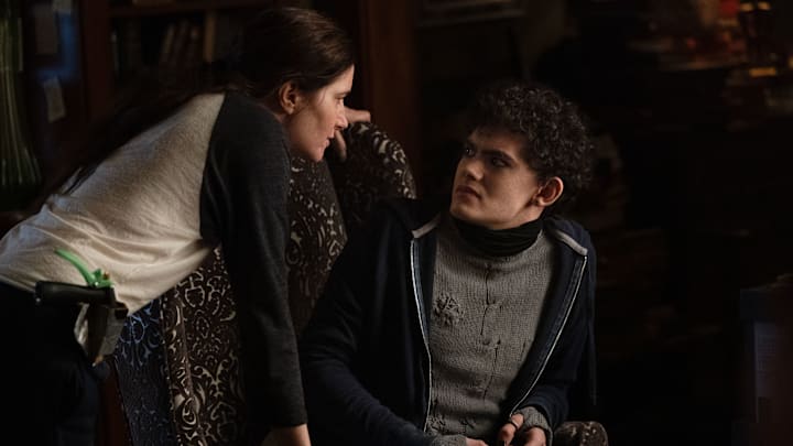 (L-R) Agatha Harkness (Kathryn Hahn) and Teen (Joe Locke) in Marvel Television's AGATHA ALL ALONG, exclusively on Disney+. 