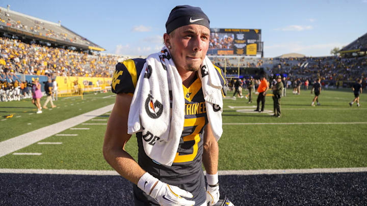 Sep 21, 2024; Morgantown, West Virginia, USA; West Virginia Mountaineers wide receiver Hudson Clement (3) celebrates after defeating the Kansas Jayhawks at Mountaineer Field at Milan Puskar Stadium. Mandatory Credit: Ben Queen-Imagn Images