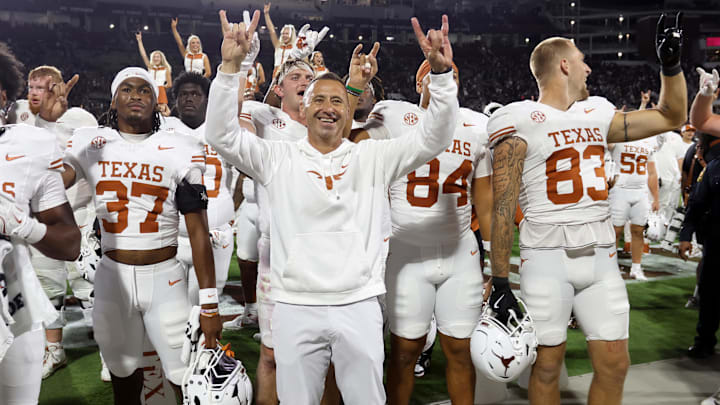 Oct 25, 2025; Starkville, Mississippi, USA; Texas Longhorns head coach Steve Sarkisian reacts after beating the Mississippi State Bulldogs in overtime at Davis Wade Stadium at Scott Field. Mandatory Credit: Petre Thomas-Imagn Images